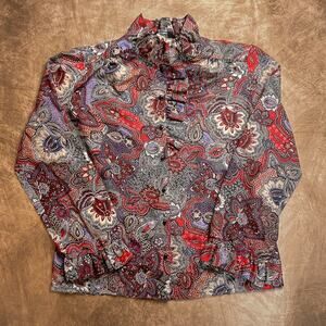 Vintage 70s Frank Lee of California Paisley Ruffled Collar Blouse Multicolor